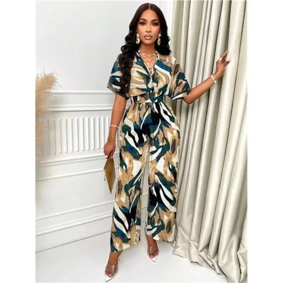Allover Print Batwing Sleeve Belted Jumpsuit For Summer